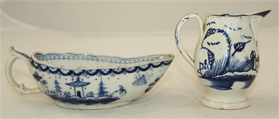 A Bow blue and white sauceboat, c.1753 and an English porcelain blue and white cream jug, late 18th century, height 8.7cm